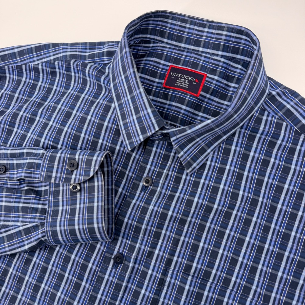 UNTUCKit Romorantin WF Shirt Mens Large Blue Plaid Wrinkle Free Button Front